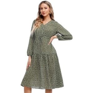 Joyours Casual V Neck Floral Boho Midi A Line Long Sleeve Small Green Dress